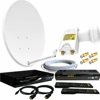 2-Teinehmer Sat-Anlage 80cm Schüssel Spiegel, Twin LNB FULL HD 0,1dB, Sat-Receiver 2x MEDIAART 1080P Full HD 2x USB, Kabel, F-Stecker, vorprogrammiert Astra 19°E Deutsch