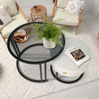 CMYbabee 2er Set runde Beistelltische, Couchtisch mit Glasplatte und Holzablage, moderner Satztisch mit Metallrahmen für Wohnzimmer und Schlafzimmer, Dunkelgrau