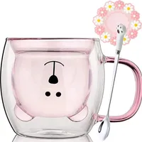 Cute Doppelwandige Gläser Süß Bär Tassen Pink Kaffeegläser Kaffeetasse mit Henkel Teegläser mit Löffel & Untersetzer Bär Kaffeebecher Tassen Geburtstag Geschenk für Oma Mutter Mama