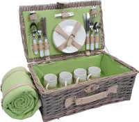 Picknickkorb-Set HWC-B24 für 4 Personen, Weiden-Korb, Porzellan Edelstahl  grau-grün