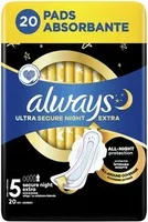 Always Ultra Secure Night Extra Wrappers s křídly velikosti 5 20 kusů.