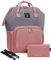 OKWISH Wickeltasche Rucksack, Wickelrucksack mit Multifunktions-Babytaschen und mobiler Wickelauflage, Schnullerhalter und Kinderwagengurte Rosa+Grau