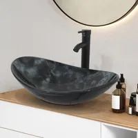 Puluomis Waschbecken Glas Aufsatzwaschbecken Waschschale Oval mit Wasserhahn Ablaufgarnitur Schwarz