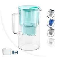 Wessper Wasserfilterkanne aus Glas 2.5 L Kompatibel mit Brita-Wasserfilterkartuschen, Inklusive 10 Wasserfilter-Kartusche, Minze