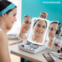 InnovaGoods - Klappbarer LED Spiegel mit 3-in-1 Make-up Organizer, Touch-Steuerung, 3 Beleuchtungsmodi, USB oder Batteriebetrieb, Weiß, Glas 1 Einheit