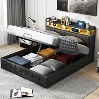 ProximaX Polsterbett 140x200cm mit USB und Steckdosen, Jugendbett Doppelbett mit Lattenrost und Stauraum, Stauraumbett mit LED, PU，Schwarz