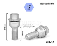 Kolový šroub M14x1,5x28 koule R14 pohyblivá, klíč 17, WS17D28R14-MW, výška 57,5 mm