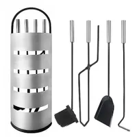 JOIEYOU Kaminbesteck 5 Teilige Modern Kamingarnitur Edelstahl Kaminofen Zubehör mit Ständer, AscheSchaufel, Besen, Schürhaken, Zange - Silber