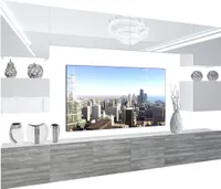 BELINI Wohnwand Vollausstattung Wohnzimmer-Set Moderne Schrankwand mit LED-Beleuchtung Weiß Glänzend Anbauwand TV-Schrank Weiß / Glamourholz Glänzend/Matt