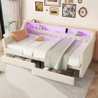 okwish Schlafsofa Daybett 90x200cm Ambientelicht mit Fernbedienung und Schubladen, Tagesbet Jugendbett mit Lattenrost aus Holz und USB-Ladebuchse(Ohne Matratze)- Beige