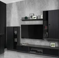 Wohnwand SALSA MDF Front mit LAMELLEN-Fräsung Schrankwand TV-Schrank + Wandregal + 2xVitrine Sideboard Wohnkombi Wohnzimmer Anbauwand Schwarz/Matera