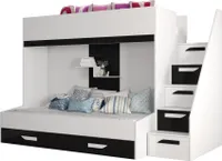 Etagenbett für Kinder Party 16 Stockbett mit Treppe und Bettkasten (Weiß + Schwarz Glanz)