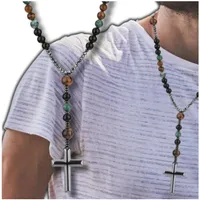 Herren-Rosenkranz-Halskette, Kreuz, Natursteine, Hämatit, Tigerauge