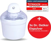 Perfect Mix Eismaschine Eiscreme Maschine 4in1( Speiseeismaschine Speiseeisbereiter, Sorbet Maschine, Frozen Yoghurt Maschine, Eiswürfelbehälter ), 1,2 L, Eisherstellung 15 min. + 3x Speiseeispulver ()