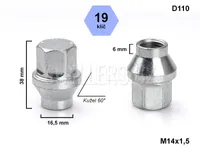 Kolová matice M14x1,5 kužel s krčkem 16,5 mm zavřená, klíč 19, D110F, výška 34 mm, délka krčku 6 mm