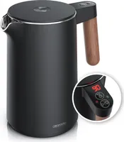Arendo Wasserkocher Edelstahl 1,5L , Doppelwand, Temperatureinstellung 40° - 100°C mit Anzeige, 2200W, Warmhaltefunktion, Griff in Holzoptik, BPA-frei