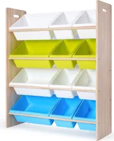 WonderMind© Montessori Kinderregal und Spielzeug-Organizer aus Holz - B85 x T30 x H103 cm - 12 Spielzeugkisten - Farbe: Grün & Blau