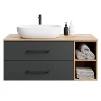 Planetmöbel LUX Waschtischunterschrank mit Regal 120 cm Gold Eiche / Anthrazit mit Aufsatzwaschbecken weiß