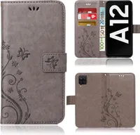 Handy Tasche für Samsung Galaxy A12 / M12  Schutz Hülle Handyhülle mit Blumenmuster Klapp Hülle mit Standfunktion und Kartenfächer Grau