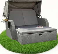 Mucola Strandkorb Rattan Sonnenbett mit verstellbarem Dach Polyrattan Sonnenliege Liegebett Relaxliege Gartenliege Gartenmöbel - Grau