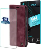 Handy Hülle für Xiaomi Redmi 13C mit 9H 2.5D Displayglas Klapphülle Bookcase Flip Cover Handy Tasche Etui Farbe: Weinrot