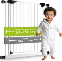 BOMI® Türschutzgitter Ohne Bohren 63-251 cm | 90° Feststellfunktion | Schließt automatisch | Kinderschutzgitter zum Klemmen