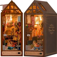 OKWISH 3D Puzzle, DIY Book Nook Kit, Puppenhäuser Miniatur Haus Kit mit Möbeln und LED-Licht,  Buchstützen aus Holz, Bücherregaldekoration