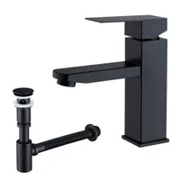 HOMELIVE Badarmatur mit Pop-Up Ablaufventil und Universal Siphon für Waschbecken Wasserhahn Bad Schwarz Waschtischarmatur mit Siphon-Sets 1 1/4 Zoll