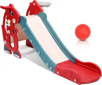 Fiqops Kinderrutsche 4-in-1 Kinder Rutsche Spielplatz Klappbar mit Basketballkorb Wurfring Englisch-Lerngerät Rot