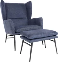 Lounge kreslo s otomanom HWC-L62, čalúnené koktailové kreslo stolička, látka/textil ~ modrá