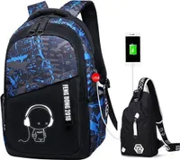 Schulrucksack für Jungen, Schulranzen-Set, 14-Zoll-Laptop-Rucksack, mit USB-Ladeanschluss Leichte Büchertasche, Wasserdichter Reiserucksack
