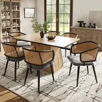 Flieks Esszimmerstühle 6er-Set, Stuhl mit Rattan-Rückenlehne, Sitzkissen aus Samt, für Küchen Wohnzimmer Cafés, schwarz