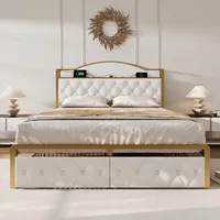 Flieks Polsterbett 140x200cm mit USB und Typ C, Metallbett mit Lattenrost, Stauraumbett Jugendbett Doppelbett mit 2 Schublade, Samt, Hellbeige