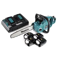 Makita DUC 353 PT4 Akku Kettensäge 36V ( 2x18V ) Brushless 35 cm + 4x 5,0 Ah Akku + Doppelladegerät