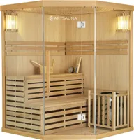 Artsauna Saunakabine Espoo150 Premium mit Harvia Ofen – 3 Personen – Hemlock Holz, Glasfront und LED Licht – Inkl. Thermometer & Sanduhr –Komplett Set