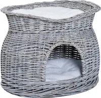 PawHut Rattan Weidenkorb für Katzen Katzenhütte mit 2 weichen Liegekissen Katzenkorb Haustierbett aus Wasserhyazinthe für Wohnzimmer Grau 56 x 37 x 40 cm