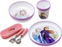 Frozen Kindergeschirr Set rutschfest mit Kinderbesteck BPA frei - 5-teiliges Kinder Geschirrset Eiskönigin mit Teller, Schüssel, Becher & Besteck