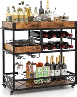 Küchenwagen, Küchenregal mit 4 Raedern, 3 Ebenen Servierwagen mit 8 Weinregalen und Weinglashalter, Rollwagen aus Holz im Industriestil, für Küchen, Esszimmer, Bars, 94 x 40 x 82cm, braun