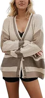 ASKSA Damen Pullover Strickjacken V-Ausschnitt Farbblock Langarm Strick Cardigan Casual Knopfleiste Strickmantel (Khaki,M)