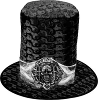 Schwarzer Zylinderhut mit Spinnennetz und Totenkopfmedaillon