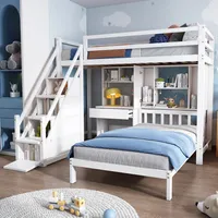 Flieks Etagenbett 90x200cm mit Rausfallschutz, Hochbett mit Schreibtisch und Regalen, Kinderbett Stockbett 2 Kinder, Stauraumett mit Lattenrost, Weiß