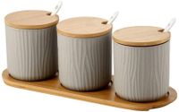 OnePine 3er Set Grau Keramik Gewürzdosen Zuckerdose Keramik Zucker Schüssel mit Löffel und Bambus Deckel für Tee Zucker Salz Gewürze Bei Zuhause und Küche 