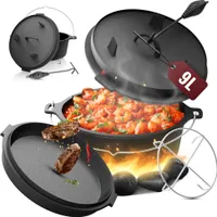broil-master® Dutch Oven - 9 Liter, Set, Deckelheber, Pfanne, Untersetzer, Tragegriff, Gusseisen, bis 400 °C, Rund, für Camping, Outdoor, Schwarz