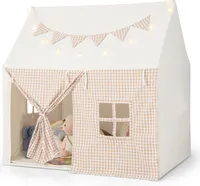 GOPLUS Spielzelt Indoor, Kinderzelt mit Matte, Sternenlichtern & Karierten Wimpeln, Kinder Spielhaus mit Fenstern, aufrollbaren Türen & Flaggenbanner & Seitentaschen für Kinder von 3–8 Jahren