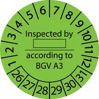 500 Stück "Prüfetiketten" 20 mm -selbstklebende "Inspected by according to BGV A3, Startjahr: 2026" ES-PRIBBGV-6-2026-20-579-PE