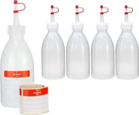 5 Plastikflaschen 250 ml aus LDPE, natur, G25, Tropfverschluss, rotes Halteband und Käppchen