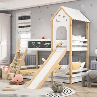 Łóżko piętrowe Fortuna Lai 90x200cm dla dzieci ze zjeżdżalnią i deską, łóżko na poddaszu z zabezpieczeniem przed wypadnięciem, łóżko domowe z drabinką, lite drewno z listwowym stelażem dla 2 dzieci, biały/naturalny