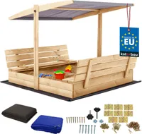 KOTARBAU® Sandkasten mit Abdeckung 140 x 140 cm Großer Naturfarbe Holzsandkasten mit Grau Dach Sandkasten mit Deckel Sandkasten mit Dach Gartenspielzeug Kinder imprägniert verschließbar mit Bänken