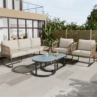 Merax Gartenmöbelset mit Eisenrahmen und Glastischplatte, 5-tlg. Sitzgruppe Set Seil Lounge Set, Balkonmöbel mit Sofa, Sessel und Couchtische, Beige