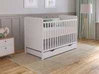 Babybett Beistellbett 120x60 cm mit Schublade & Matratze - Kinderbett Gitterbett Baby Bett Holz Weiß,Umwandelbar in Juniorbett